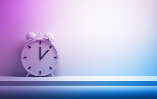 Minimalistic old fashioned bell clock with black arrows standing on white background. Image with pink blue color gradient  and copy space. 3d illustration.