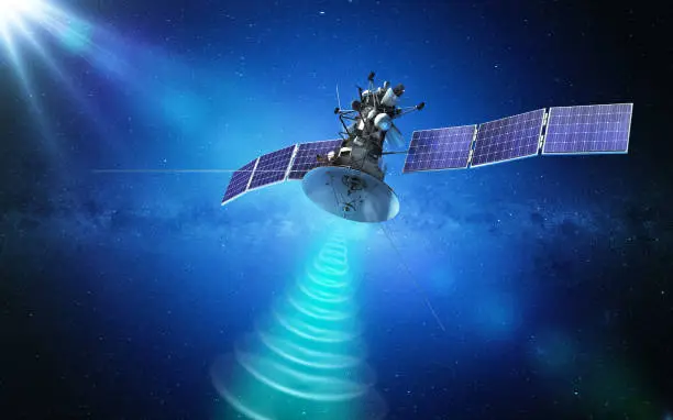 Communication satellite transmitting a signal in space. 3d rendering