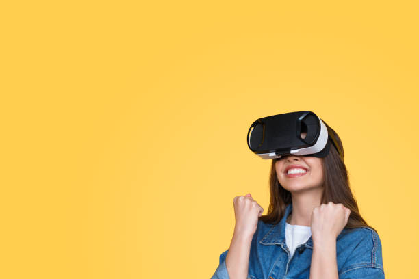 istock Excited lady in VR headset 1143266055