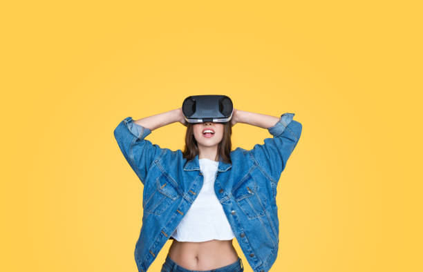 istock Shocked woman in VR goggles 1143266061