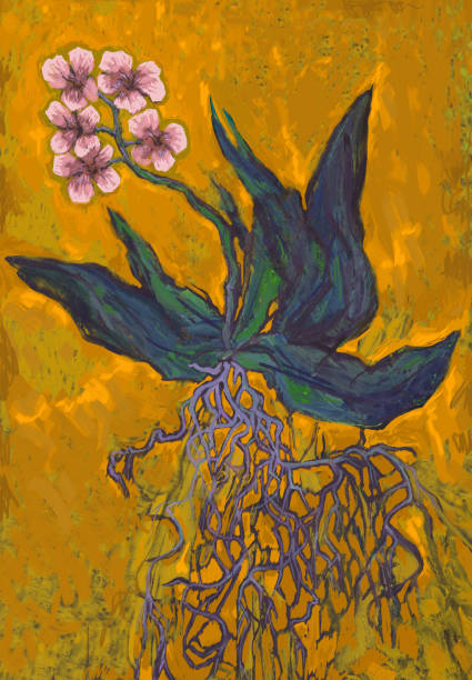 Fashionable illustration modern art work allegory my original oil painting impressionism fantasy still life blooming light pink orchid with leaves and flowers and roots Fashionable illustration modern art work allegory my original oil painting impressionism fantasy still life blooming light pink orchid with leaves and flowers and roots on a rich yellow mustard background expressionism stock illustrations