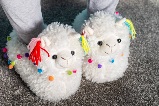 istock Young girl is wearing cute soft 3d llama slippers 1143267741