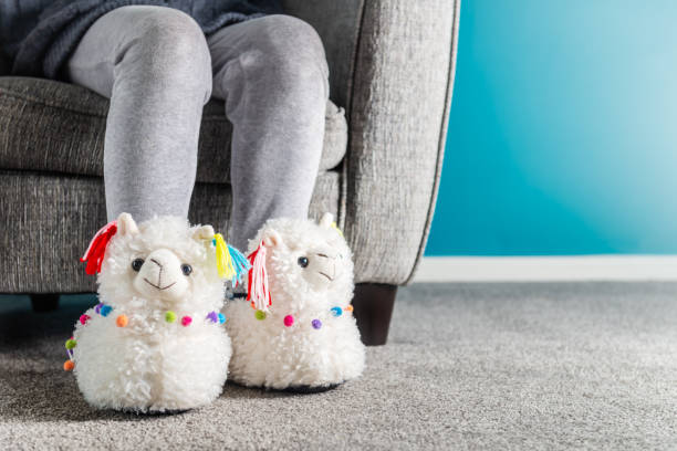 istock Young girl is wearing cute soft 3d llama slippers 1143267742