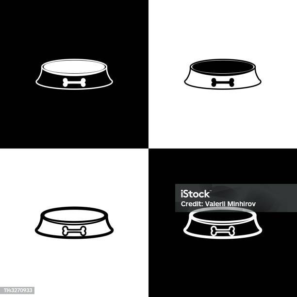 Set Pet Food Bowl For Cat Or Dog Icons Isolated On Black And White Background Dog Bone Sign Vector Illustration Stock Illustration - Download Image Now