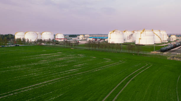 istock Aerial view on refineries oil big tanks and train transfering station. 1143271654