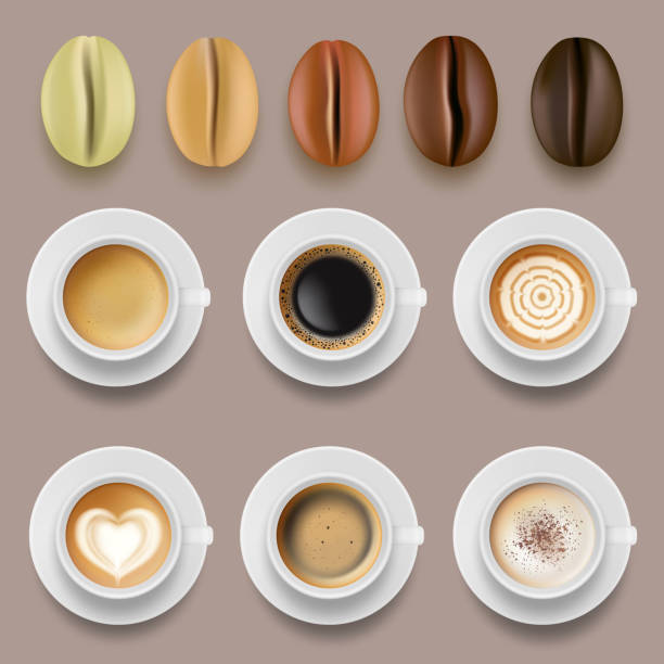 istock Coffee beans and cups. Hot drinks arabica coffee roast agricultural vector collection 1143271815