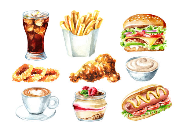 fast-food-set. hamburger, heißer hund, glas cola, kaffee, gebratenes huhn, zwiebelringe, sauce, dessert. aquarell handgezeichnete illustration, isoliert auf weißem hintergrund - hamburger schnellgericht stock-grafiken, -clipart, -cartoons und -symbole