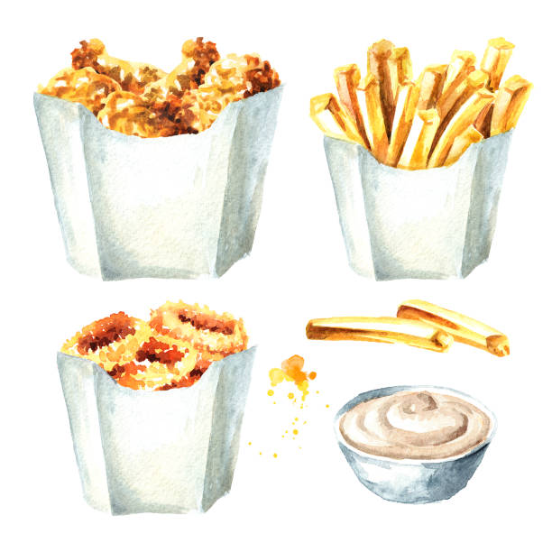 Fast food containers with fried chicken, fried potatoes, onion rings and with sauce set. Watercolor hand drawn illustration, isolated on white background Fast food containers with fried chicken, fried potatoes, onion rings and with sauce set. Watercolor hand drawn illustration, isolated on white background nuggets heat stock illustrations