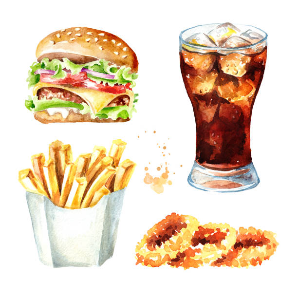 ilustrações de stock, clip art, desenhos animados e ícones de fast food set. hamburger,  glass of cola, onion rings, french fry stick potato. watercolor hand drawn illustration, isolated on white background - cold sandwich illustrations