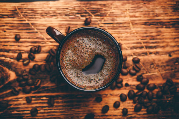 istock Brewed black coffee in metal mug 1143273143