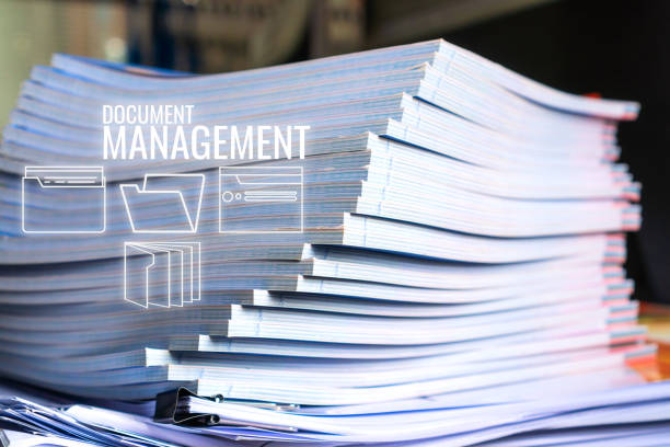 istock Document management concept: Applicant filing file of pile documents reports papers company application form or stack paperwork information on office. Business busy of data HUD technology network icon 1143273652
