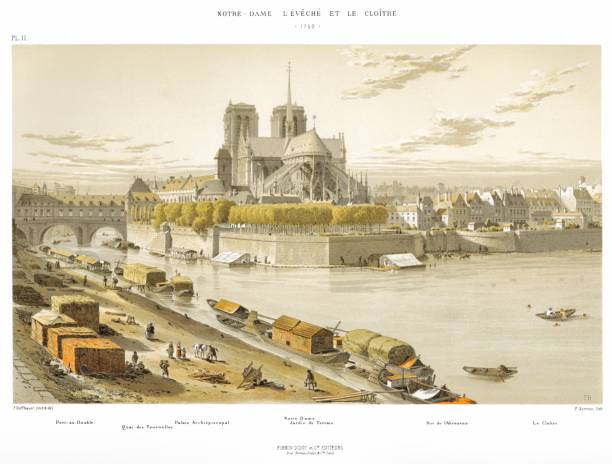 illustrations, cliparts, dessins animés et icônes de notre-dame, l’évêché et le cloître en 1750. par paris à travers les âges 1875 - tradition française