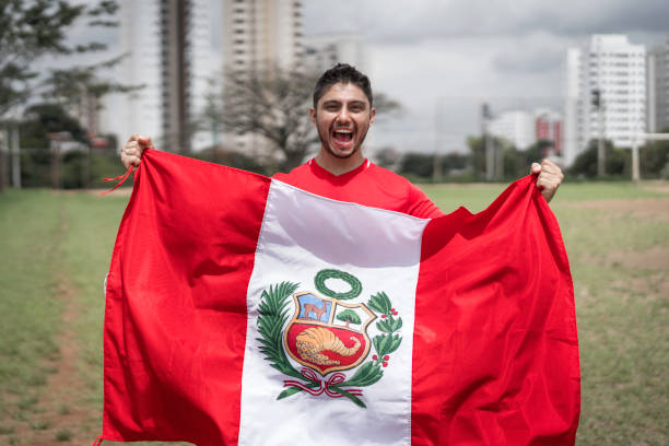 portrait male fan holding peruvian flag - fan sport football male imagens e fotografias de stock