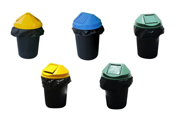 istock Black plastic trash with green, yellow, blue lid. To separate categories such as recycle, fresh garbage, general waste.isolated on white background with clipping path. 1143278805