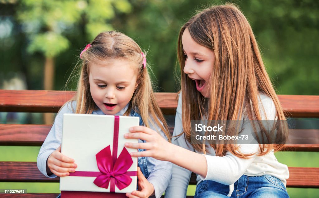 Present for a younger sister. Family concept Cute little girl surprised her younger sister with a birthday present. Family concept Baby - Human Age Stock Photo