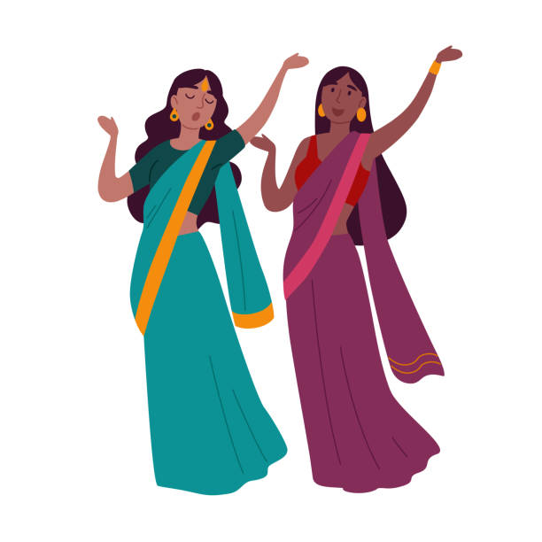 zwei frauen, die traditionelle kleidung tanzen indischen tanz - bollywood prayer position indian culture indian ethnicity stock-grafiken, -clipart, -cartoons und -symbole