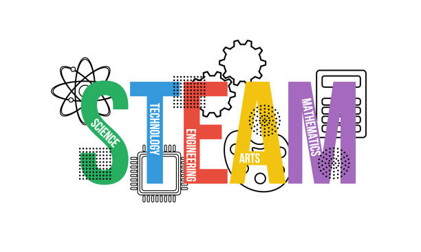 ilustraciones, imágenes clip art, dibujos animados e iconos de stock de steam-ciencia, tecnología, ingeniería, artes, matemáticas. concepto educativo - investigación en ciencia tecnología ingeniería y matemáticas