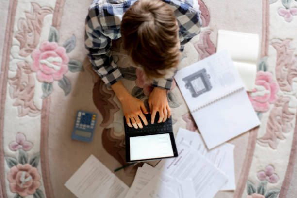 young man with laptop making startup at home b - child office chaos computer monitor imagens e fotografias de stock