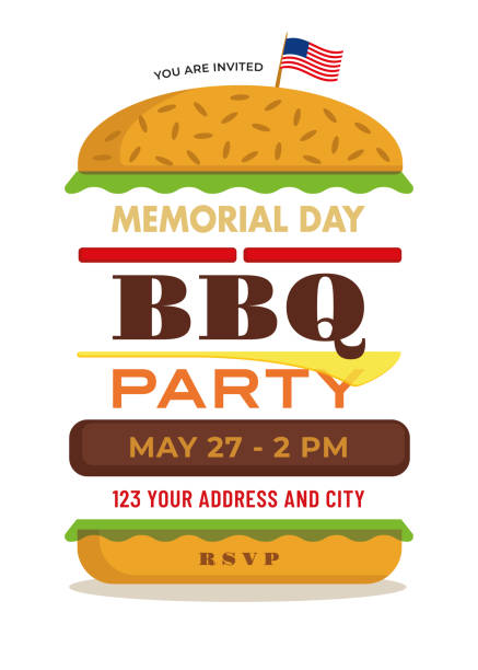 ilustraciones, imágenes clip art, dibujos animados e iconos de stock de invitación de fiesta de barbacoa día memorial. - us memorial day flag hot dog usa