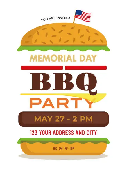 Vector illustration of Memorial Day BBQ Party Invitation.