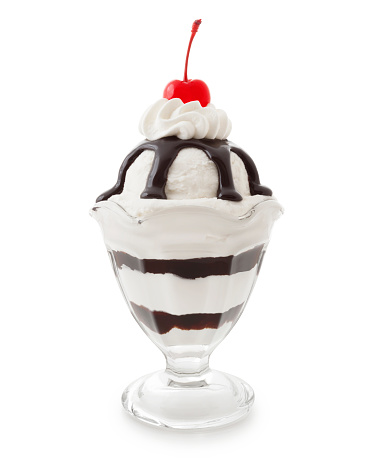 Vanilla and Chocolate Fudge Ice Cream Sundae isolated on white (excluding the shadow)