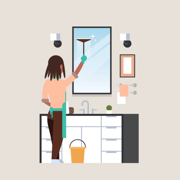 ilustrações de stock, clip art, desenhos animados e ícones de housewife in gloves and apron cleaning mirror with squeegee african american woman in bathroom doing housework concept rear view female character full length - woman in mirror backview