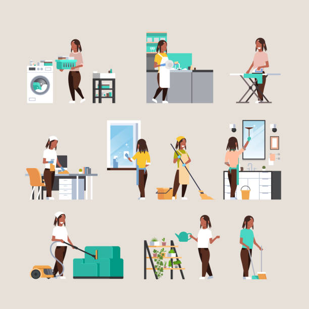 세트 주부 하 고 집안일 다른 집안 청소 개념 컬렉션 아프리카계 미국인 여성 만화 캐릭터 전체 길이 플랫 - iron women ironing board stereotypical housewife stock illustrations