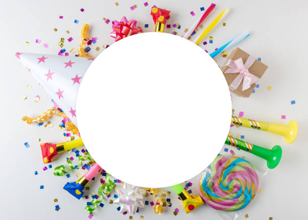 istock Colorful celebration background with various party confetti, streamers and decoration. Minimal party concept. Flat lay. 1143299414