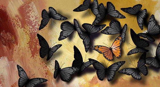 Graphic illustration of beautiful, fully developed Monarch Butterfly confronted by a crowd of undeveloped gray, black ones. Conceptual art composed against hand painted oil texture background.