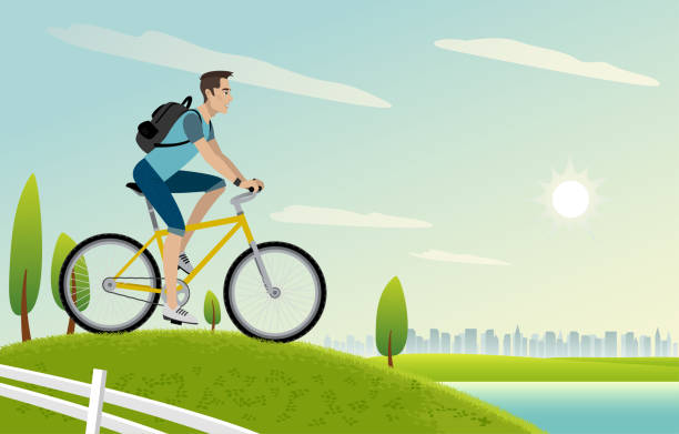 illustrations, cliparts, dessins animés et icônes de homme sur un vélo - standing water grass area meadow lawn