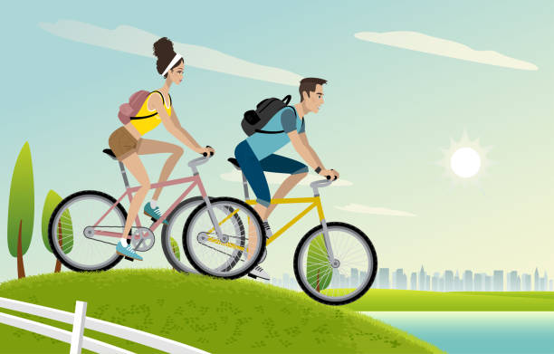 illustrations, cliparts, dessins animés et icônes de jeunes vélos d’équitation de couples - grass area hill nature hiking