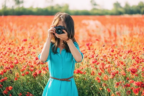 Young woman taking photographs with photo camera in red poppies meadow.