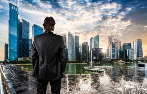 istock Businessman looking at cityscape at sunset 1143301071