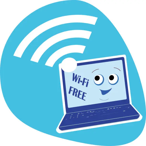 Vector illustration of The laptop with a smile, the symbol of wi-fi is free, for user interface, web games, tablets, Wallpapers and templates.vector.