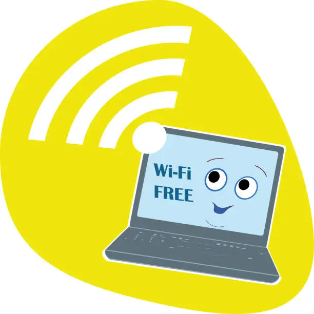 Vector illustration of The laptop with a smile, the symbol of wi-fi is free, for user interface, web games, tablets, Wallpapers and templates.vector.