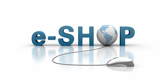 e-shop Text with Earth Globe and Computer Mouse