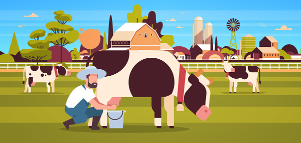 Ilustración de Agricultor Macho Ordeñando Vaca En La Granja De Animales Domésticos Animal De La Lechería Del Concepto De La Leche Fresca Plana Horizontal Agrícola Granero Campo Paisaje Horizontal De Longitud Completa Ilustración de Agricultor Macho Ordeñando Vaca En La Granja De Animales Domésticos Animal De La Lechería Del Concepto De La Leche Fresca Plana Horizontal Agrícola Granero Campo Paisaje Horizontal De Longitud Completa