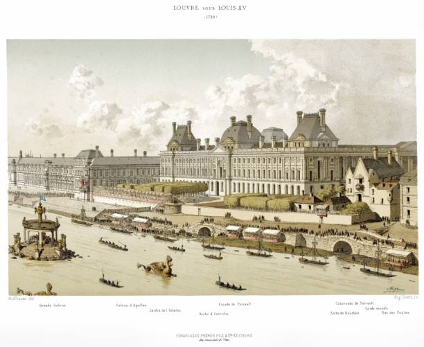 illustrations, cliparts, dessins animés et icônes de le louvre, sous louis xv en 1739. par paris à travers les âges 1875 - louvre