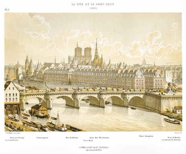 illustrations, cliparts, dessins animés et icônes de la cité et le pont-neuf en 1665. par paris à travers les âges 1875 - image du xviième siècle