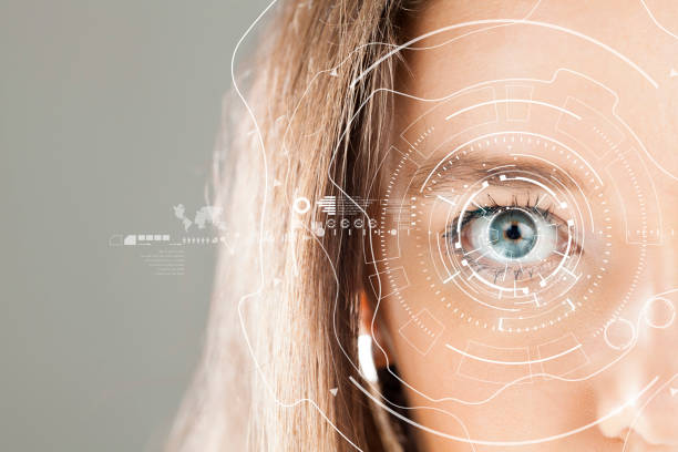 Human eye and graphical interface. Smart wearable technology concept Young woman's eye and high-tech concept, augmented reality display, Iris verification, wearable computing eye surgery photos stock pictures, royalty-free photos & images