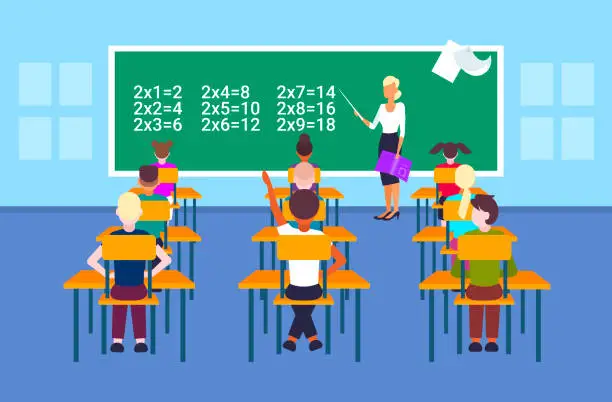 Vector illustration of female teacher pointing chalkboard pupils solving math problem during lesson education concept modern school classroom interior cartoon characters horizontal flat vector illustration