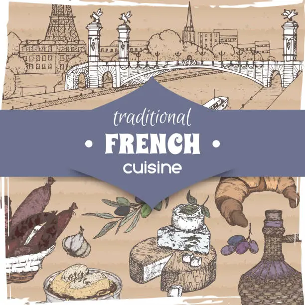 Vector illustration of French cuisine template Paris landscape, color wine bottle and cheese, croissant and onion soup, olives and sausages.