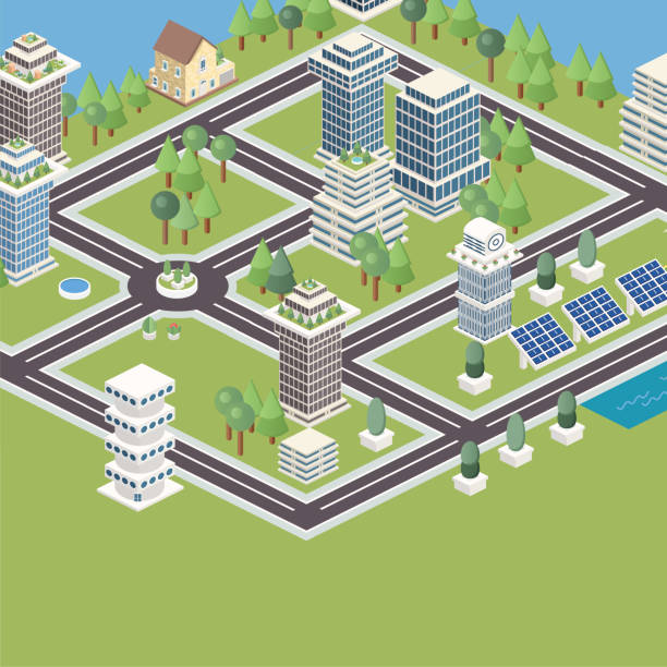 Isometric Modular City Tiles Modular isometric city tiles. Partial view of isometric city parts with a flat background. isometric smart city stock illustrations