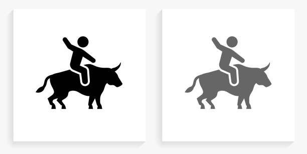 riding bull black and white square icon - rodeo bull bull riding cowboy stock-grafiken, -clipart, -cartoons und -symbole