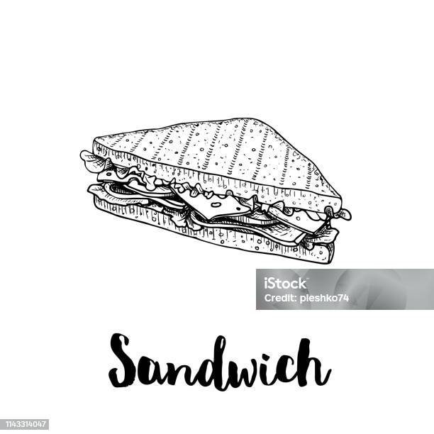 Triangle Sandwich With Lettuce Ham Cheese And Tomato Slices Hand Drawn Sketch Style Grilled Bread Fast Food Drawing For Restaurant Menu And Street Food Package Vector Illustration Stock Illustration - Download Image Now