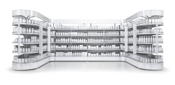 Showcases with shelves and rounded sections, topper and stoppers, goods on the shelves without branding Showcases with shelves and rounded sections, topper and stoppers, goods on the shelves without branding. 3d illustration stopper stock pictures, royalty-free photos & images