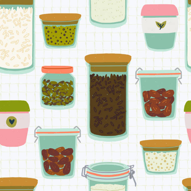 Glass jars seamless pattern Seamless pattern with cartoon glass jars and tumblers on quad ruled background. Flat style kitchen utensils backdrop. Reusable containers for zero waste lifestyle. For eco shop site, cooking blog quadrille to stock illustrations
