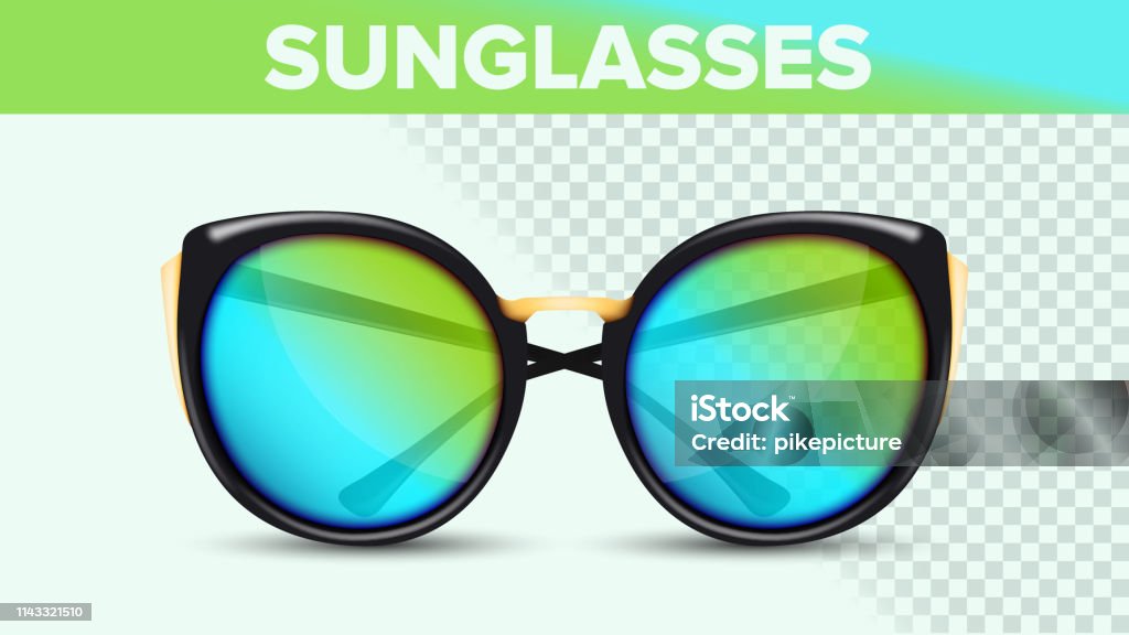Cat Eye Sunglasses, Trendy Vector 3D Shades Cat Eye Sunglasses, Trendy Vector 3D Shades. Retro Sunglasses With Blue And Green Gradient Lens Isolated Clip Art. Fashionable Eyewear On Transparent Background. Accessories Realistic Illustration Glass - Material stock vector
