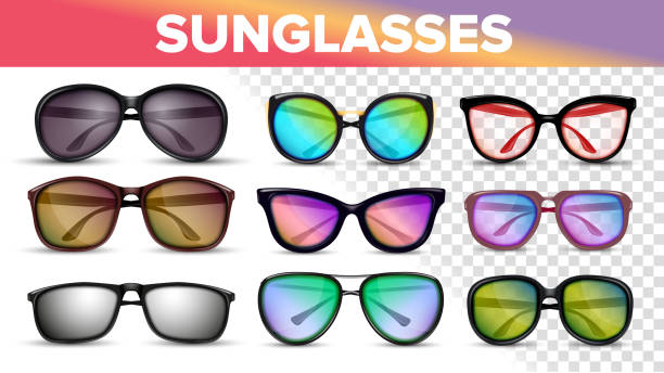 illustrations, cliparts, dessins animés et icônes de lunettes de soleil divers styles et types 3d vector set - sun protection glasses glass