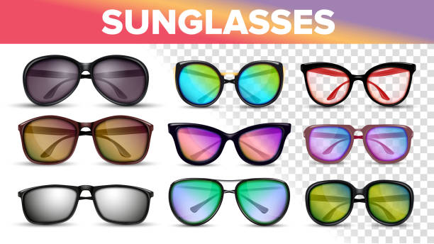 солнцезащитные очки различных стилей и типов 3d вектор набор - sun protection glasses glass stock illustrations